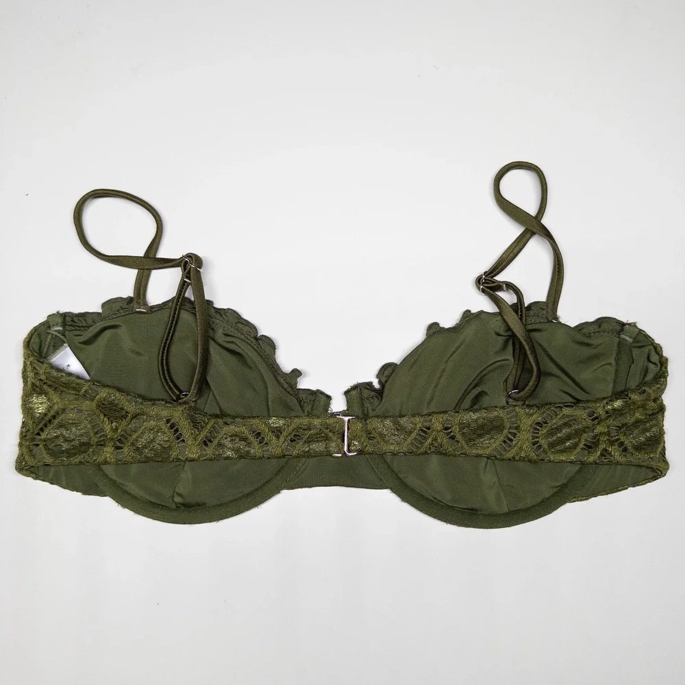 Dippin Daisys Women Bikini Top XL Olive Green Lace Underwire Ruffle Feminine